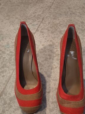 Tory Burch Red and Brown Striped Canvas Pumps